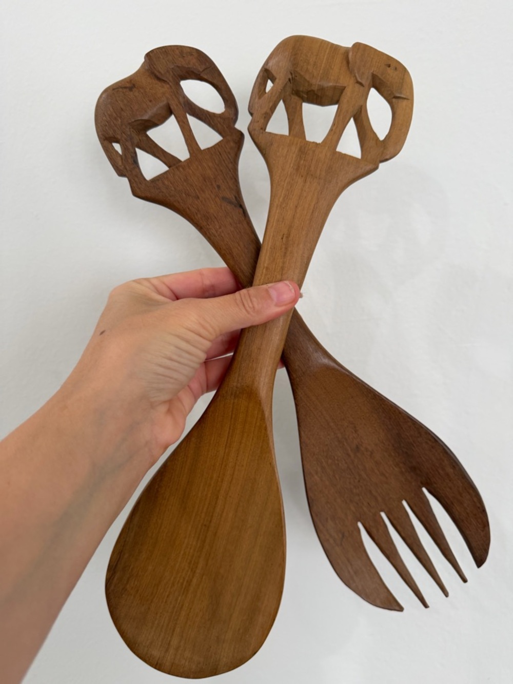 Set of TWO PAIRS of Hand Carved Wooden Elephant Salad Servers - Warm Brown